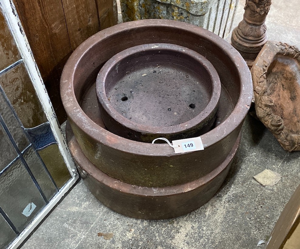 Three circular glazed earthenware herb planters by Errington, Reay & Co., Bardon Mill, largest diameter 52cm, height 16cm